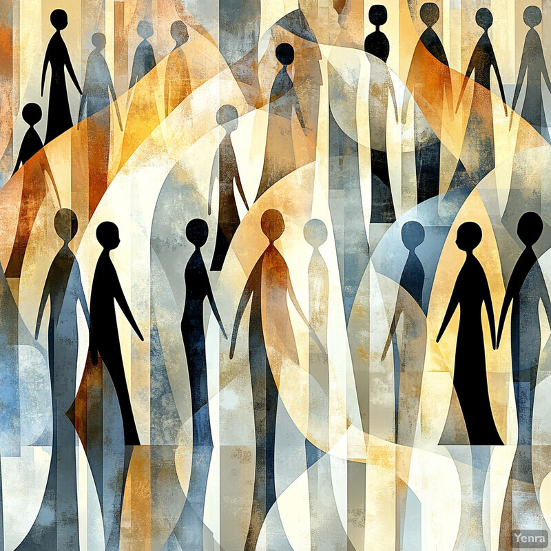 An abstract painting depicting a lively and dynamic scene of a crowd of people.