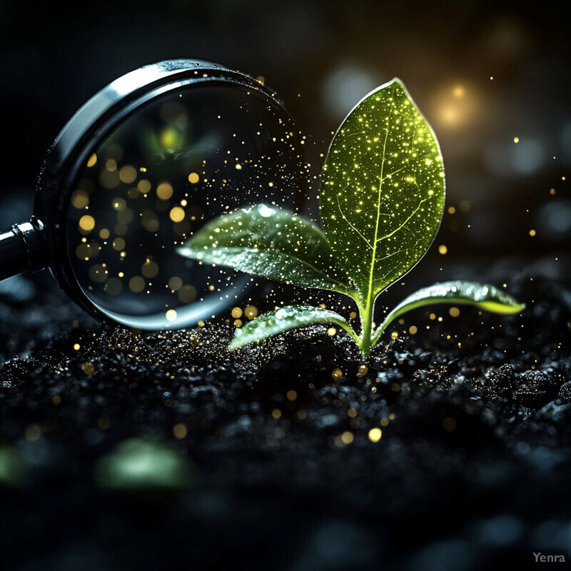 A small plant with two green leaves emerging from dark soil, illuminated by soft light and observed through a large magnifying glass.