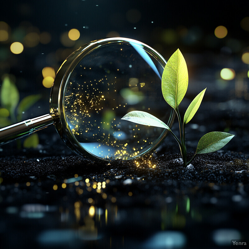 A magnifying glass is positioned over a plant with long, thin leaves emerging from dark soil.