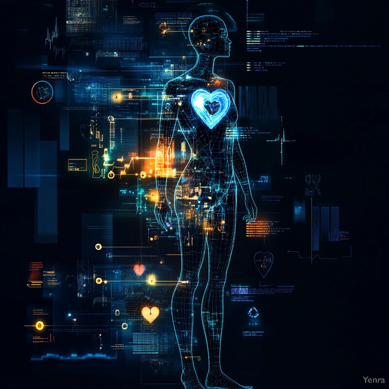 A futuristic visualization of human health data using predictive modeling techniques.