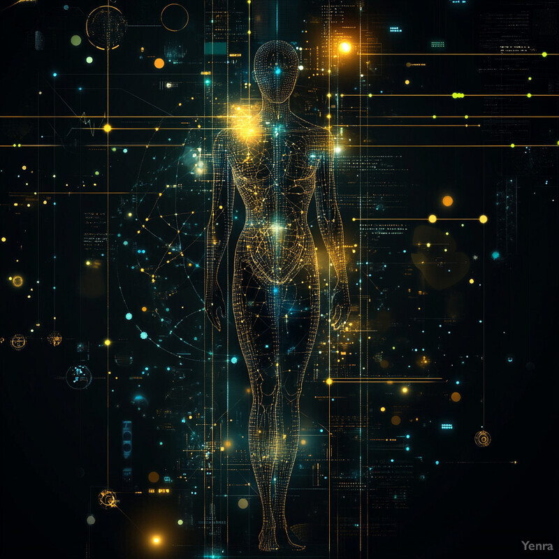 A futuristic representation of the human body overlaid with advanced medical analysis symbols.