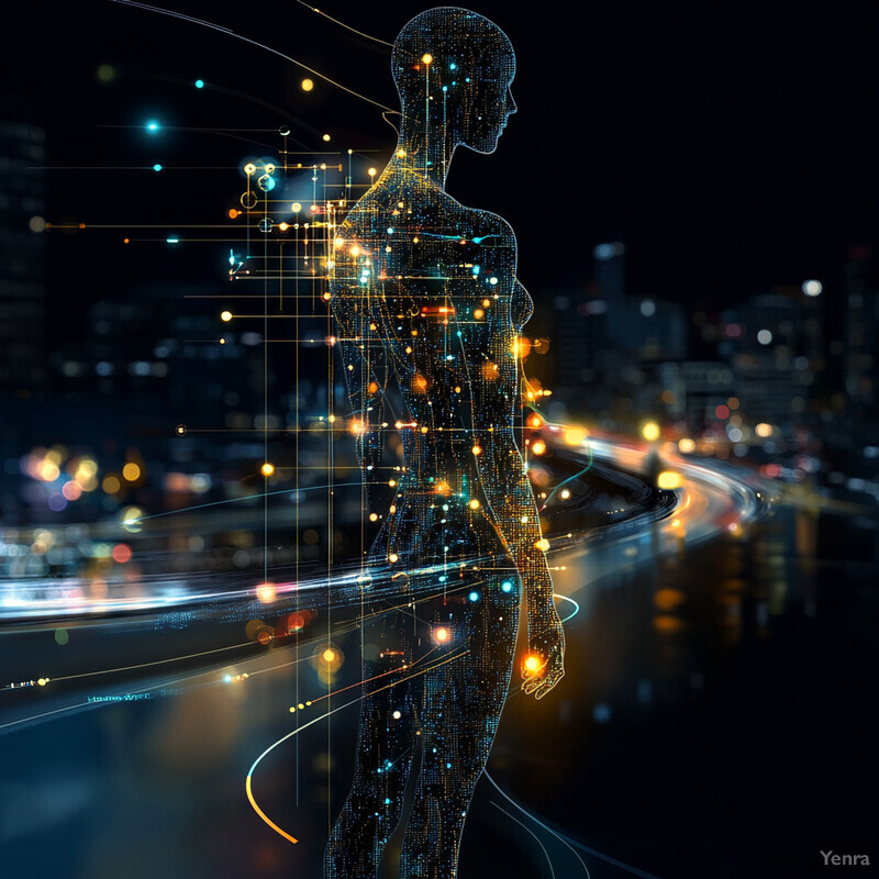 A human figure overlaid with digital patterns in a night cityscape.