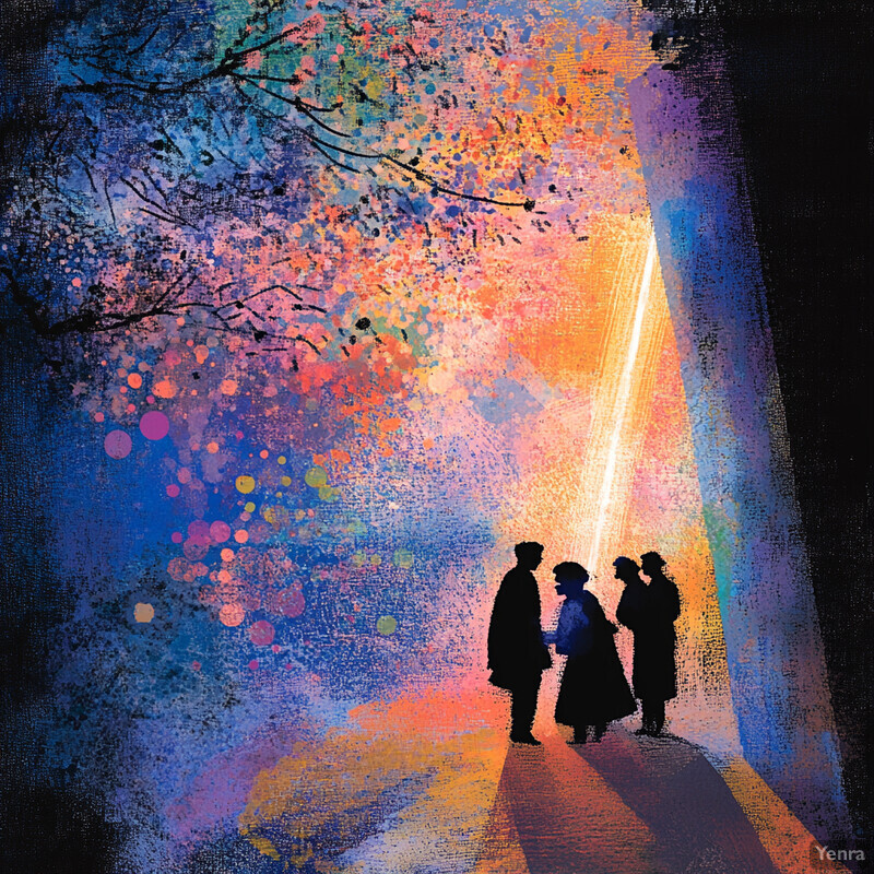 A vibrant painting of four individuals standing in front of a tree, with their silhouettes rendered in black.