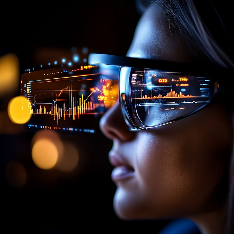 A woman wearing futuristic glasses with a projected interface displaying real-time data analysis.