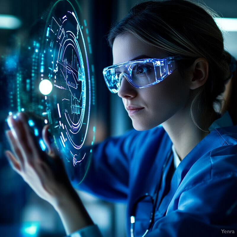 A woman in a laboratory setting is holding up a futuristic-looking device with a holographic display projecting an image of a cityscape.