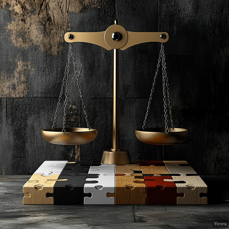 A set of scales with a puzzle-piece base in front of a dark gray wall.