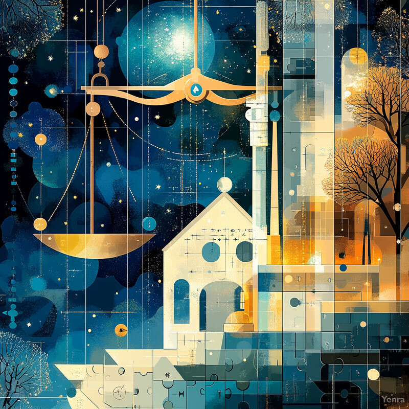 A dreamlike painting featuring a grand building, celestial elements, and trees in a fantasy landscape.