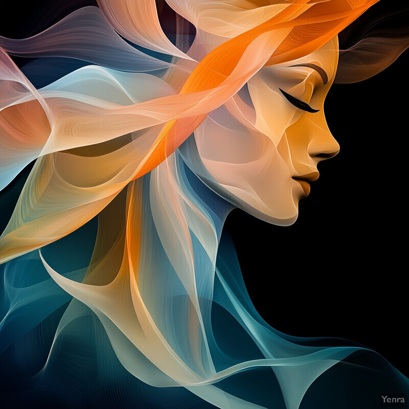 An abstract painting of a woman's face with swirling patterns and colors that evoke a sense of movement and energy.