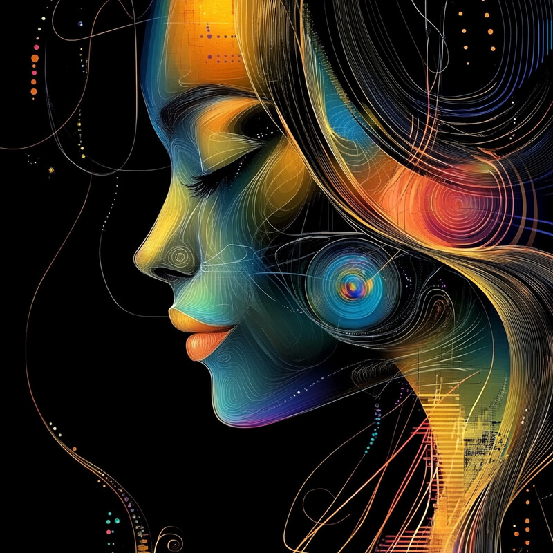 A contemplative and introspective painting of a woman's face with intricate lines and patterns.