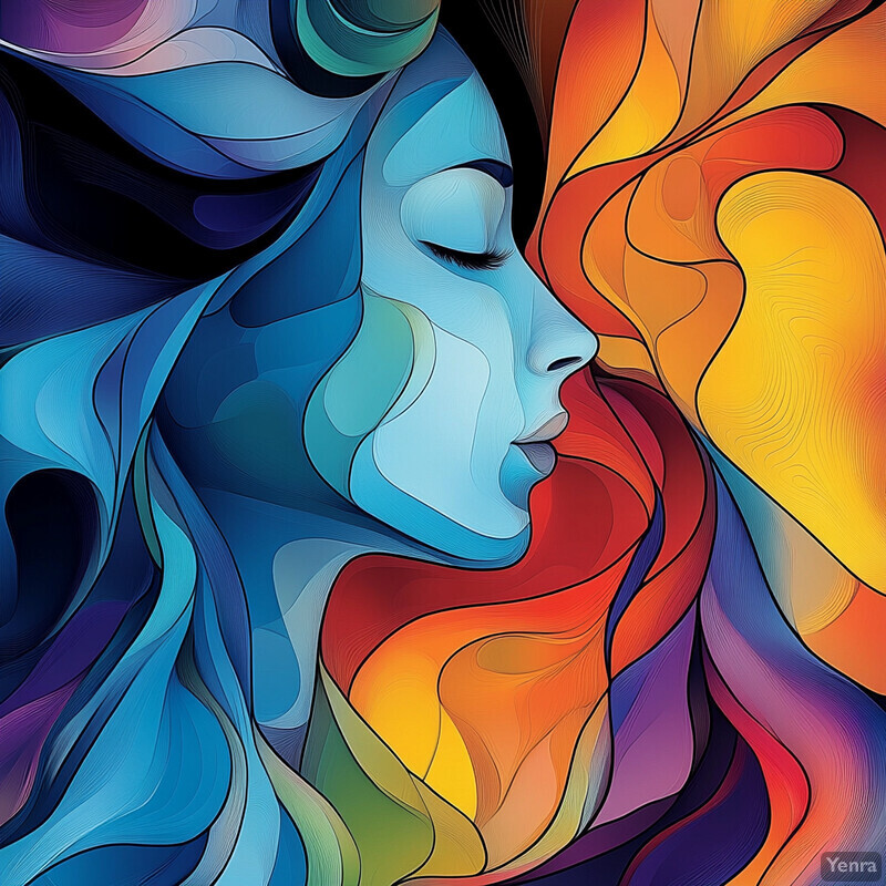 Abstract illustration of two faces in profile, facing each other, with closed eyes and open mouths, set against a swirling mix of colors.