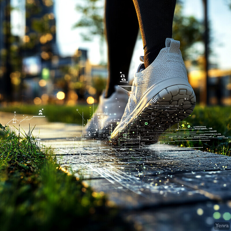 A person walking on a wet sidewalk wearing athletic attire.