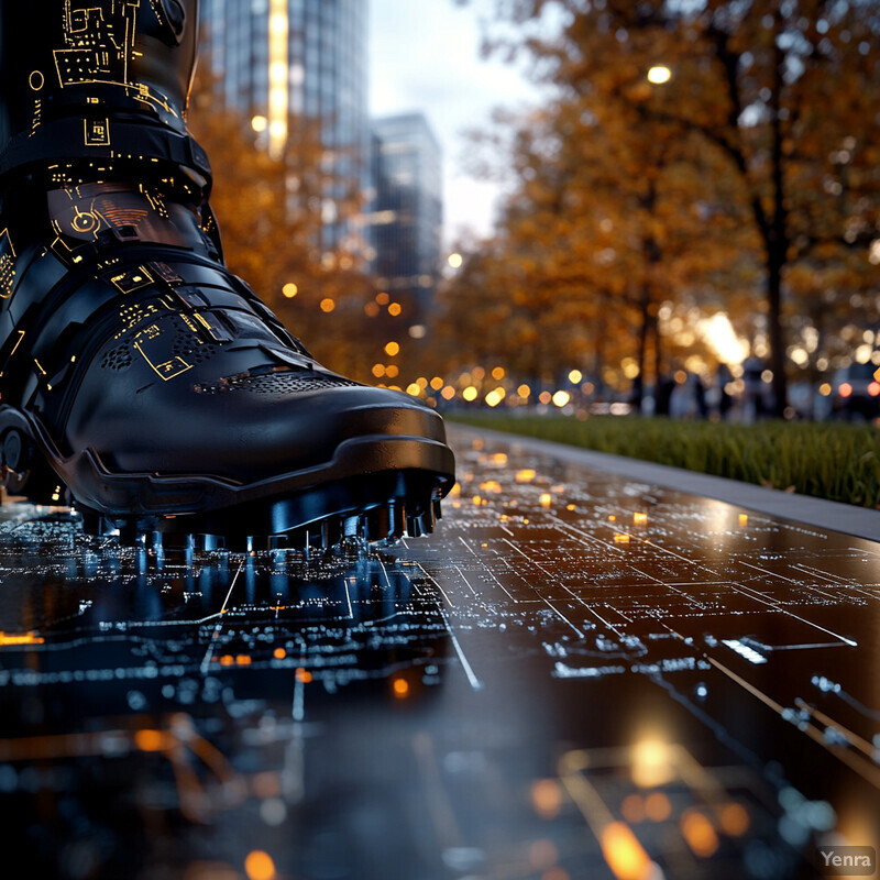 A futuristic black boot with glowing circuit board-inspired lights is displayed in an urban setting.