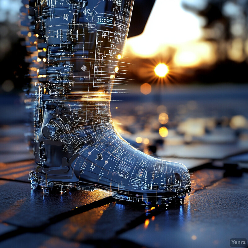 A person's feet wearing rain boots standing on a wet surface during sunrise or sunset.