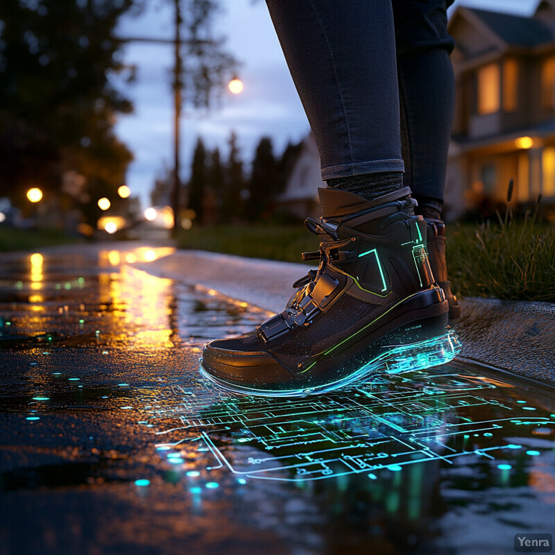 A person stands on a wet sidewalk at dusk or dawn wearing futuristic-looking boots with glowing neon green lines.