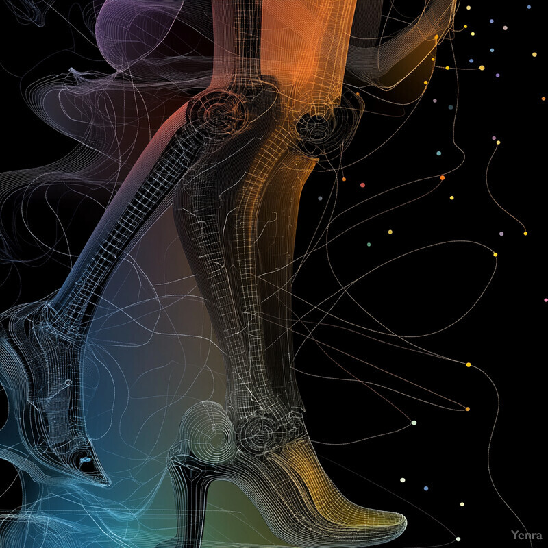 A stylized line drawing of legs and boots set against a black background.