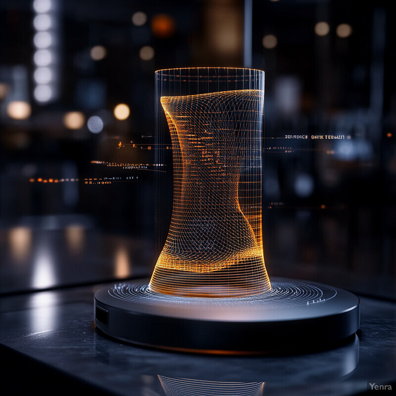 Abstract data visualization featuring a 3D model within a cylindrical glass-like structure.