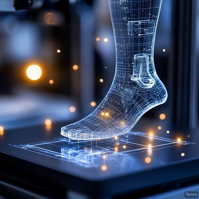 A wireframe model of a foot and ankle is displayed on a computer screen, with various software applications visible in the background.