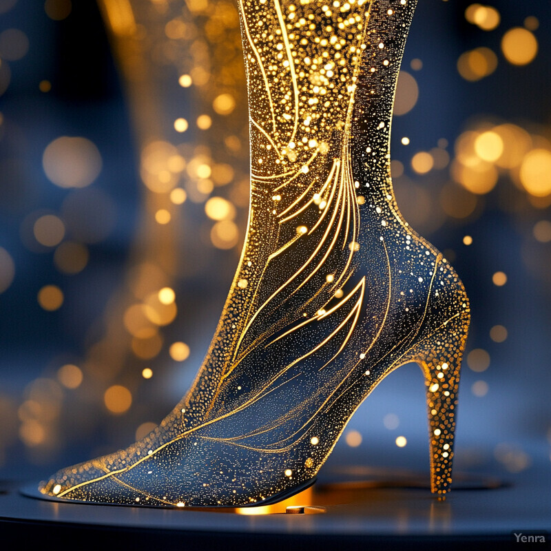 An abstract representation of a high-heeled shoe with a gold and black color scheme, reminiscent of traditional African attire.