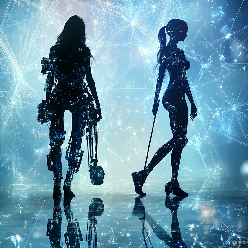 Two women stand in front of a blue background with white lines and dots scattered throughout, creating a futuristic atmosphere.