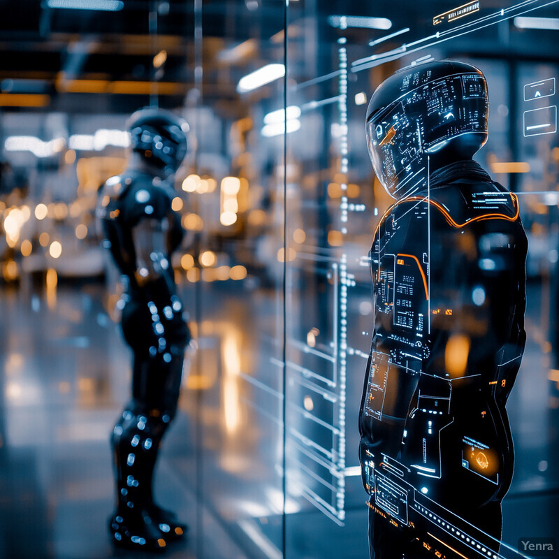 Two humanoid robots stand in front of a glass wall, surrounded by other robots and equipment, in a high-tech laboratory.