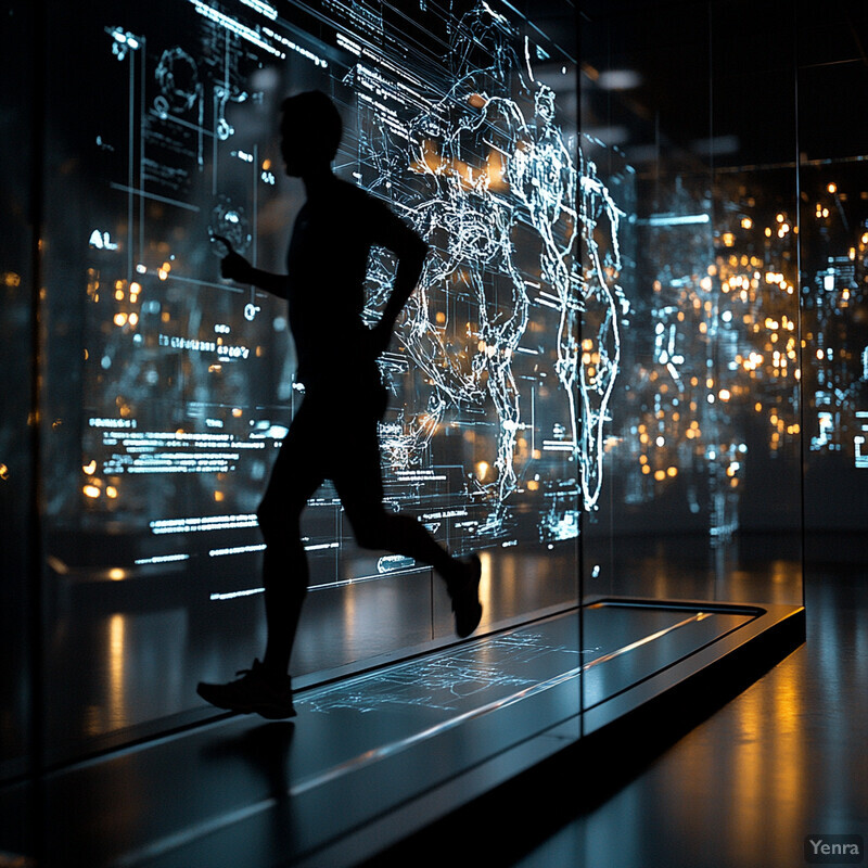 A person running on a high-tech treadmill in an indoor setting.