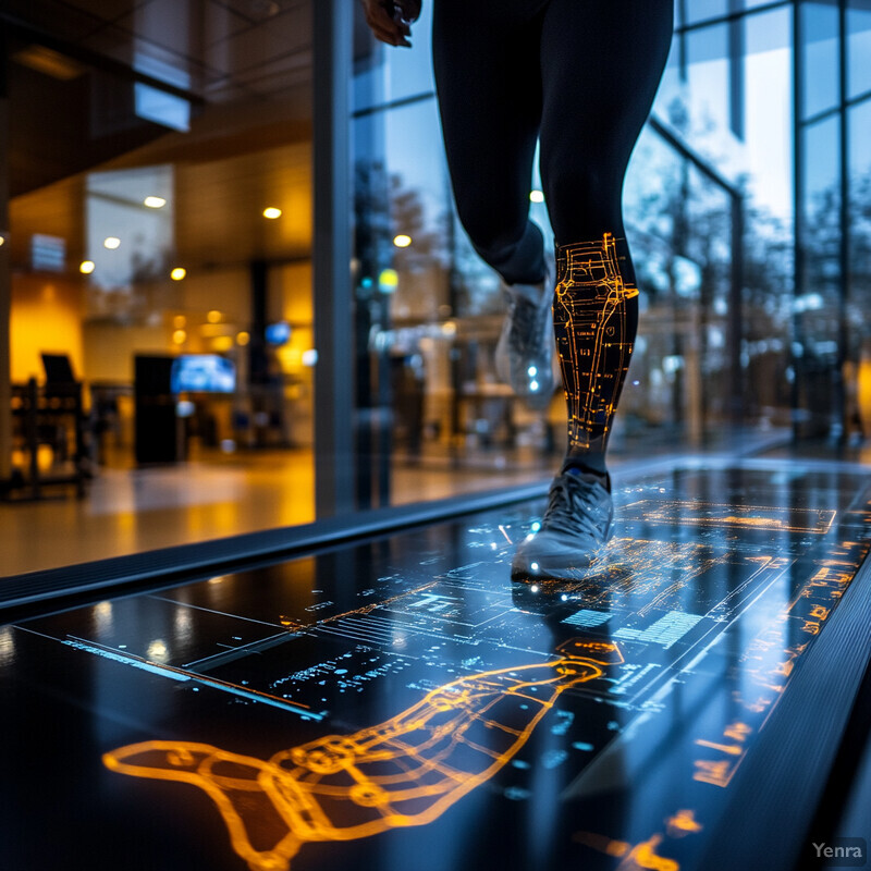 A person is running on a futuristic treadmill with a dynamic gait simulation surface.