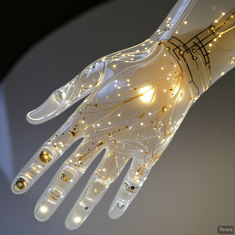 A robotic hand made of clear plastic material with gold accents and small white lights.