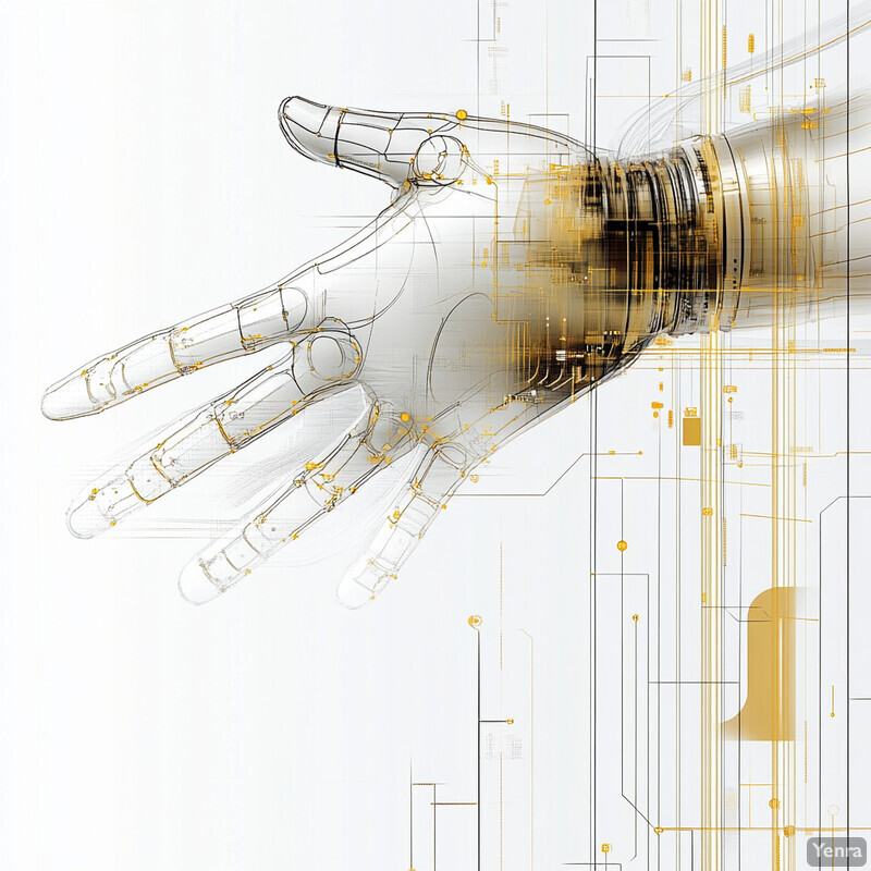 A digital artwork featuring a robotic hand with circuitry and wires on a white background.