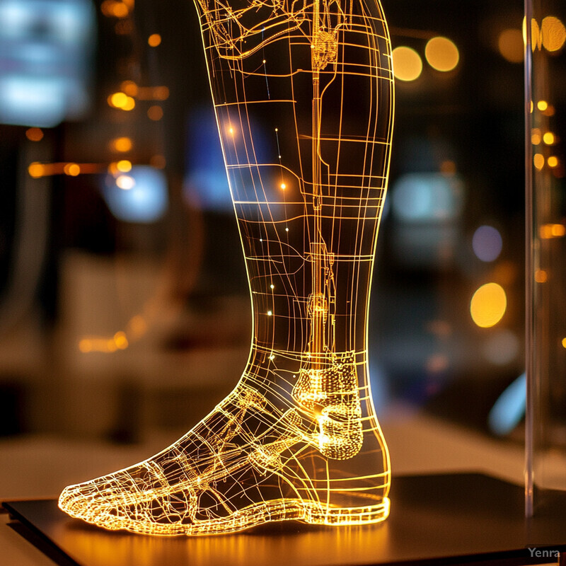 A futuristic-looking leg made of black material with yellow lines, possibly from a robot or cyborg.