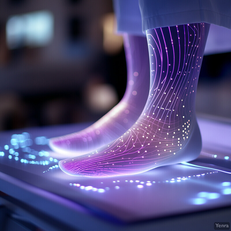 A person stands on a glowing floor with special shoes that react to the environment.