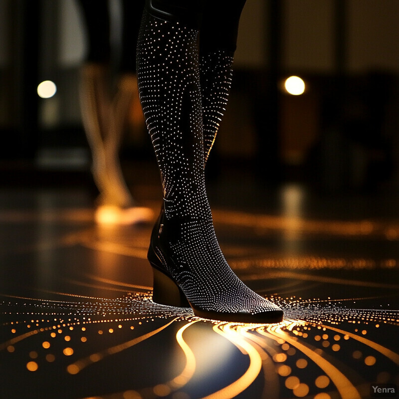 A woman's legs from the knee down are shown in a blurred indoor setting, wearing black tights with white polka dots and high-heeled shoes.