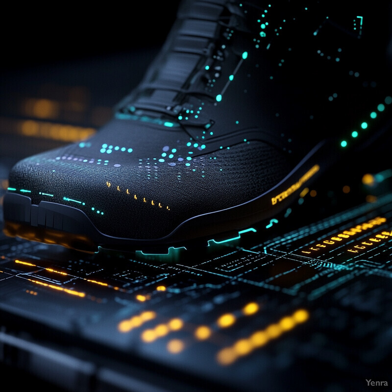 A futuristic sneaker rests on a computer motherboard.