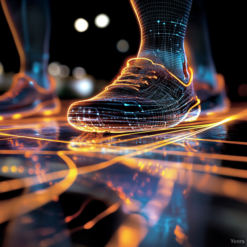 A close-up view of a person's feet and legs, showcasing their shoes and attire while standing on a reflective surface in an indoor setting at night.