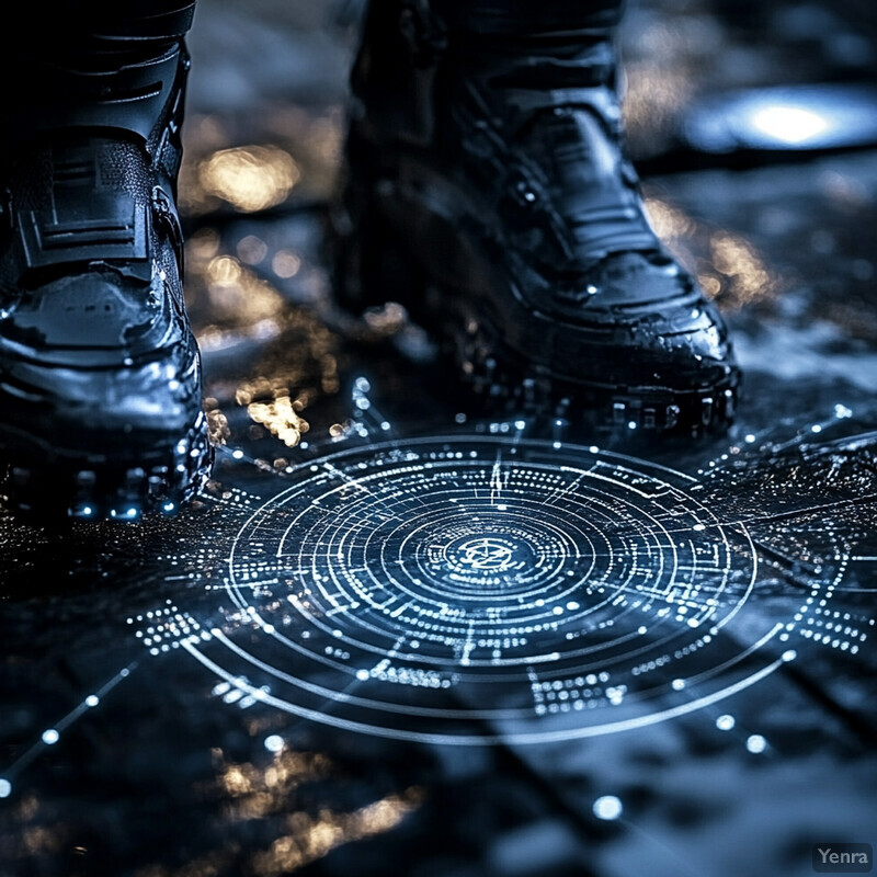 A person's feet stand on a wet floor in a dimly lit room.