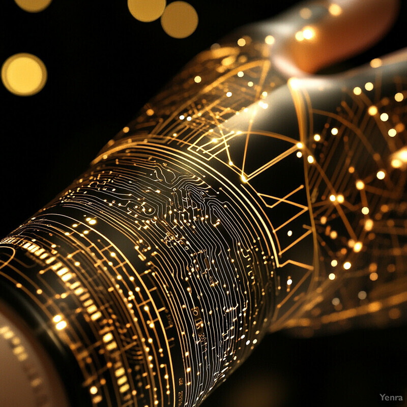 A close-up view of a cylindrical object with gold circuitry patterns on its surface.