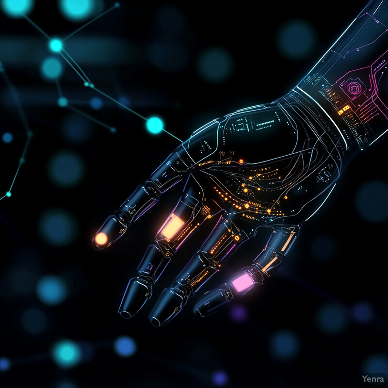 An image of a robotic hand with glowing circuits and wires, surrounded by various objects and symbols in a futuristic setting.