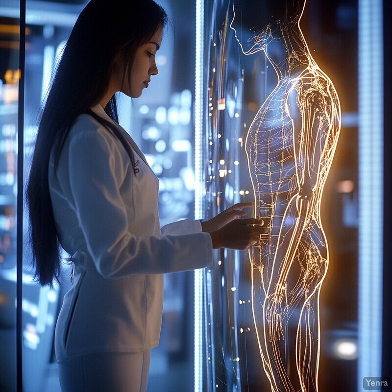 A woman in a white lab coat studies an illuminated human figure on a transparent display screen.