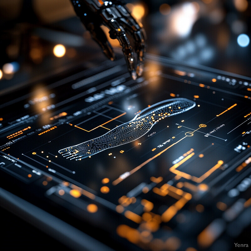 A futuristic scene featuring a robotic arm with glowing orange lights above a dark background, possibly a control panel or computer screen.