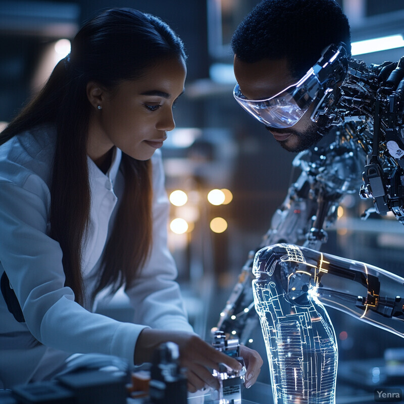 Two individuals working in a laboratory setting, surrounded by equipment and machinery.