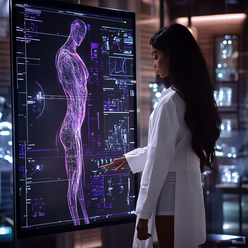 A woman in a white lab coat is pointing to a purple and white diagram on a large screen.