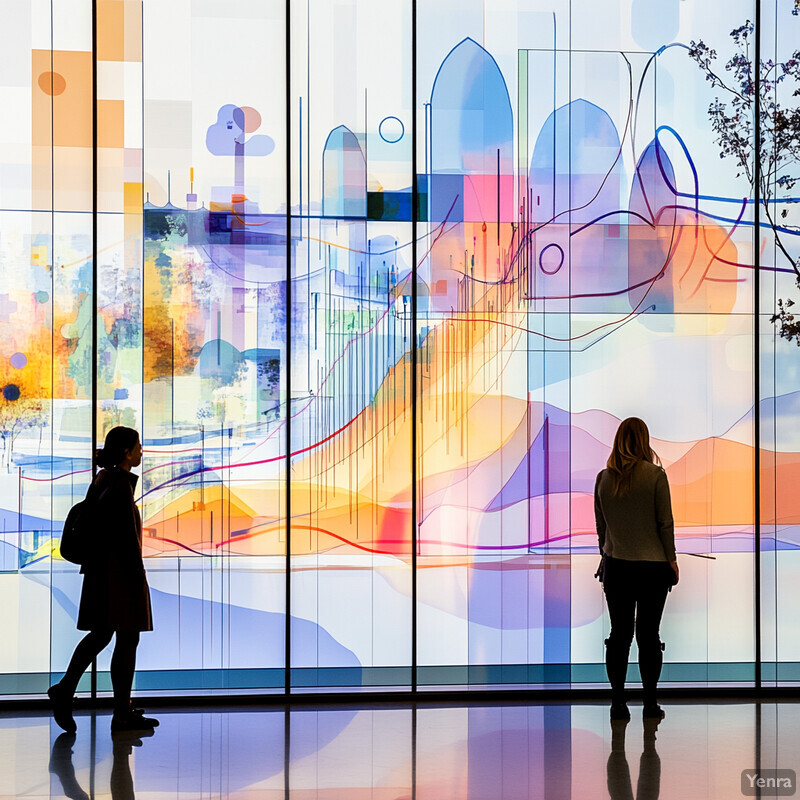 Two women admire abstract artwork in a gallery or museum setting.