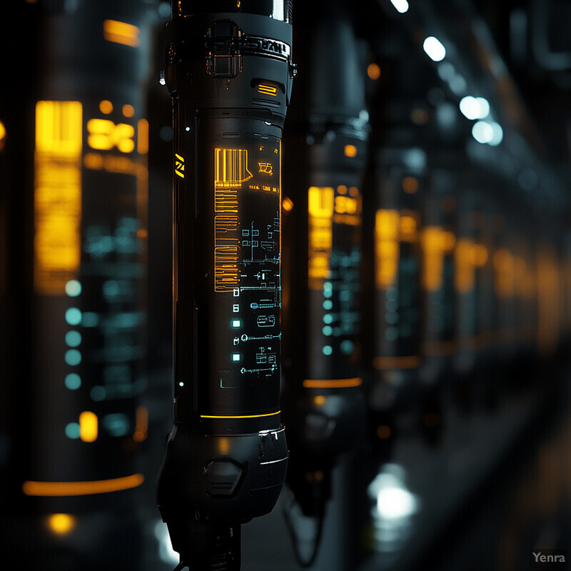 A futuristic-looking device with an orange screen displays lines of code and symbols, surrounded by wires and machinery.