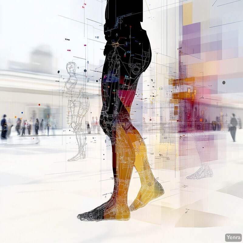 Digital rendering of a person's legs in a cityscape or urban environment.