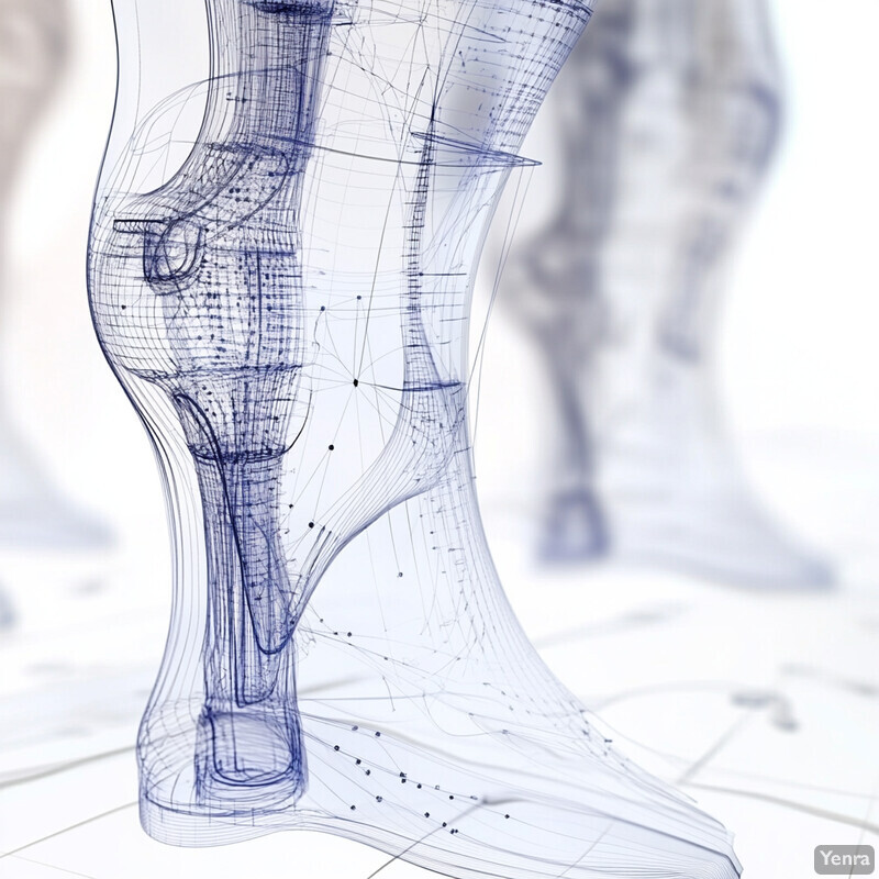 A detailed 3D model of a leg, showcasing its anatomy through a transparent wireframe visualization.