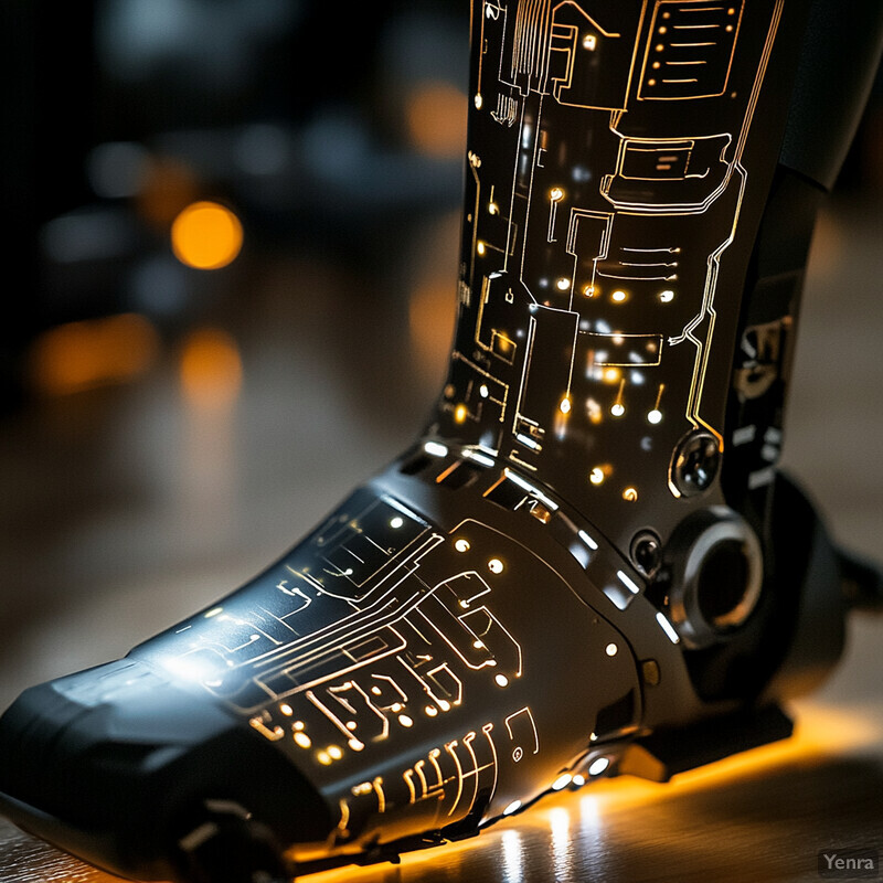 A futuristic-looking boot with intricate circuitry and glowing lights.