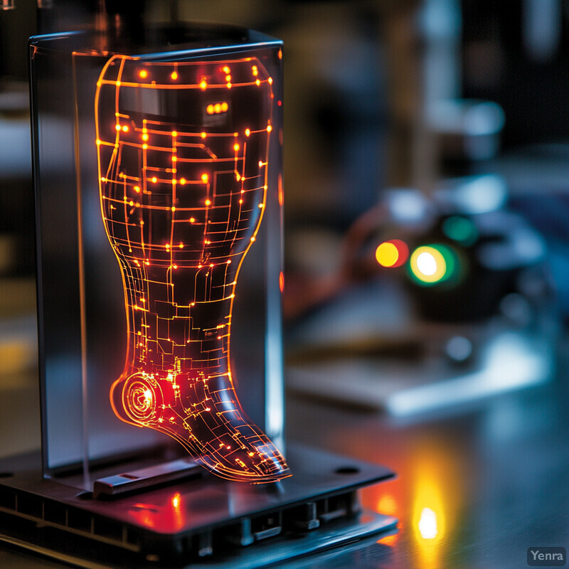 An electronic device with a transparent plastic casing and intricate circuitry is showcased in a laboratory setting.