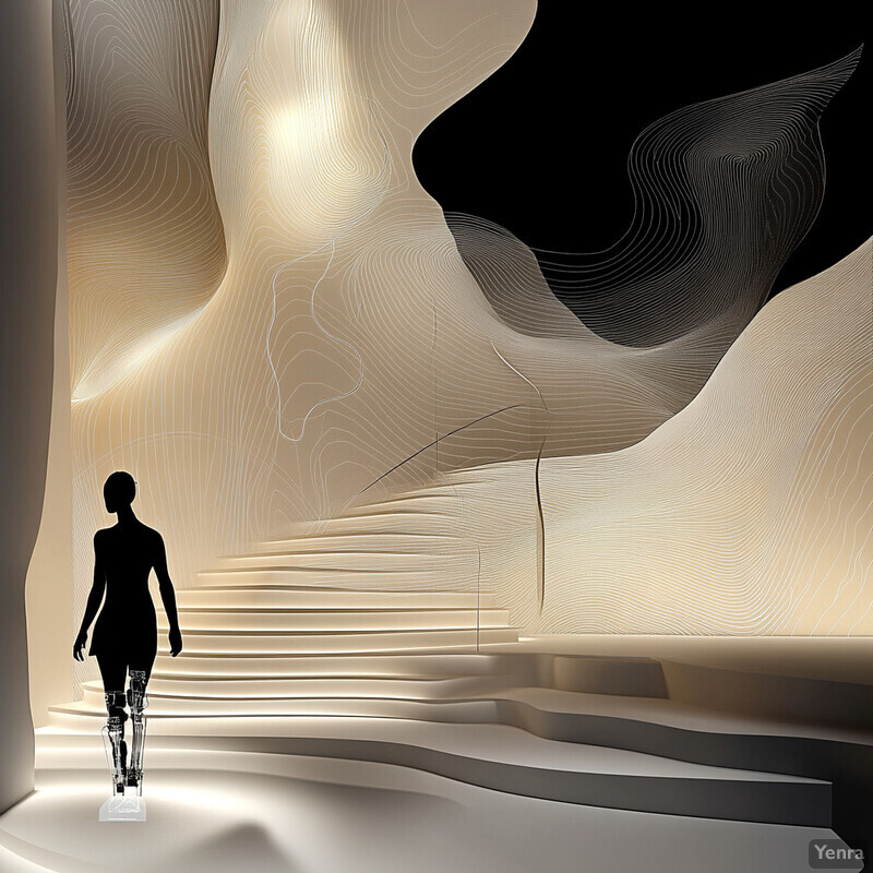 A woman with a robotic leg stands in front of a wavy wall in a futuristic room.