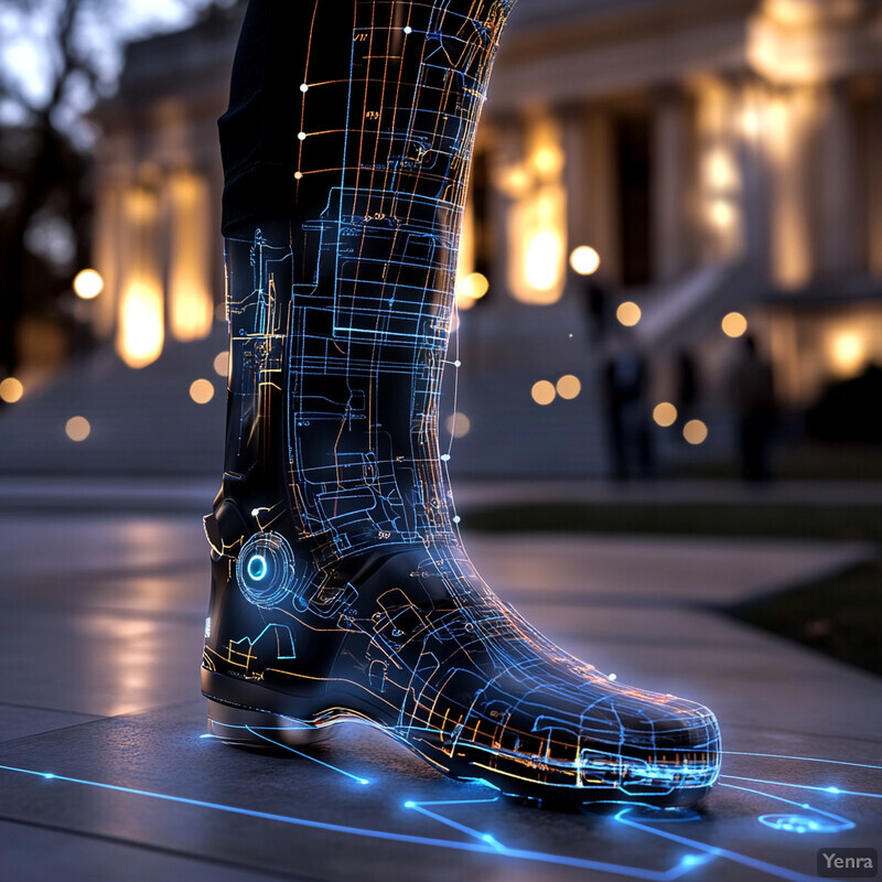 Futuristic high-tech boot with advanced technology integration in an urban environment.