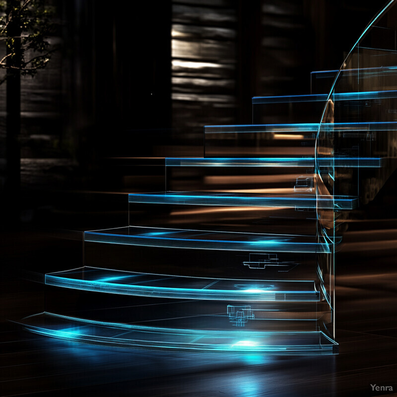 A blue-lit staircase leading upwards in an indoor setting with a dark background.