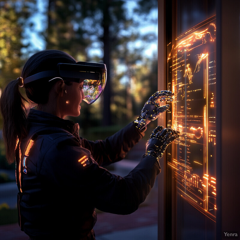 A woman wearing VR goggles and gloves interacts with a screen in an outdoor setting.